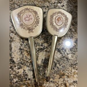 Vintage Hand Held Mirror and Brush Set Needlepoint Vanity Set Antique BEAUTIFUL